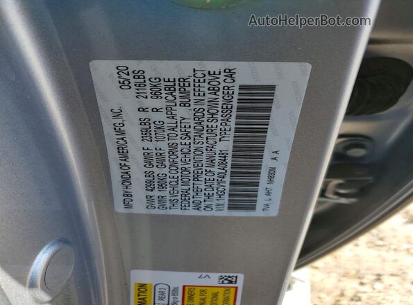 1HGCV1F40LA084481 2020 HONDA ACCORD Silver Widok naklejki z numerem VIN