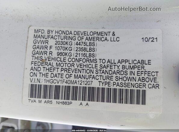 1HGCV1F40MA121207 2021 HONDA ACCORD White Vista del compartimento del motor