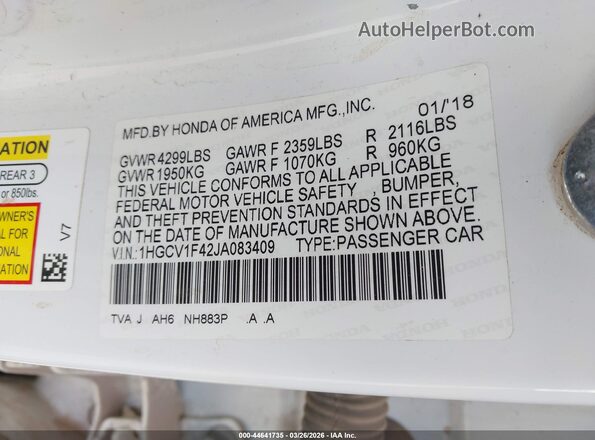 1HGCV1F42JA083409 2018 HONDA ACCORD White Շարժիչի բաժամունքի տեսք