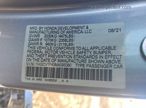 1HGCV1F43MA095380 2021 HONDA ACCORD Silver ძრავის განყოფილების ხედი