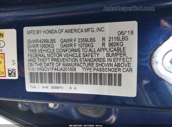 1HGCV1F44JA201508 2018 HONDA ACCORD  Вид подкапотного пространства