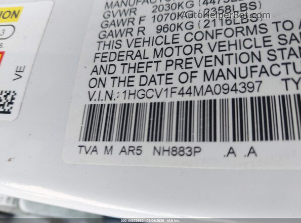 1HGCV1F44MA094397 2021 HONDA ACCORD White Engine compartment view