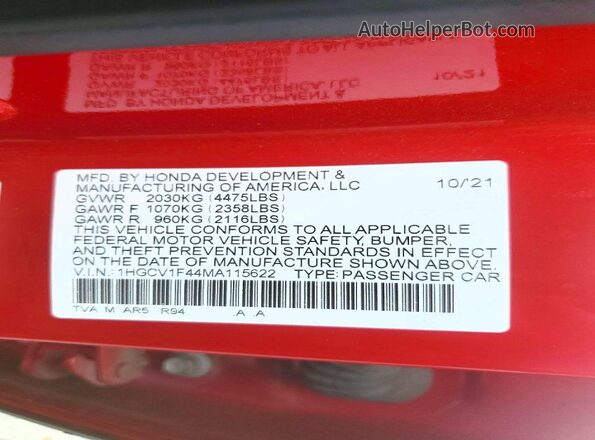 1HGCV1F44MA115622 2021 HONDA ACCORD Red Widok komory silnika