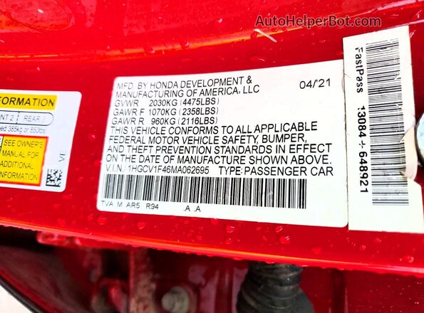 1HGCV1F46MA062695 2021 HONDA ACCORD Red Widok naklejki z numerem VIN