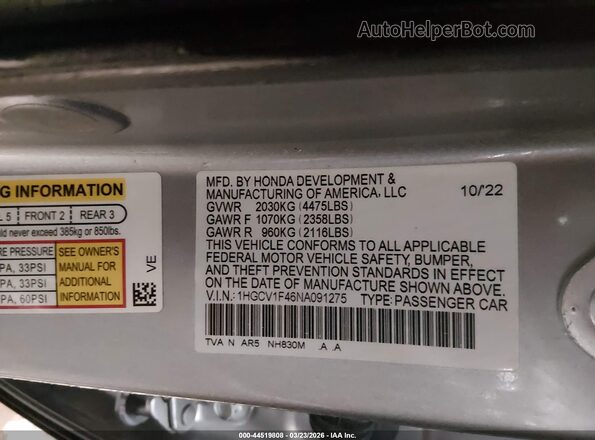 1HGCV1F46NA091275 2022 HONDA ACCORD Silver Vista del compartimento del motor