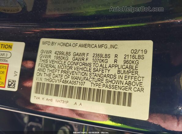 1HGCV1F48KA057107 2019 HONDA ACCORD Black Widok komory silnika