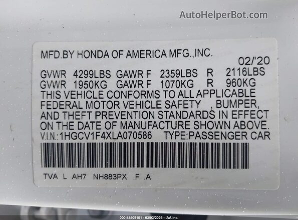 1HGCV1F4XLA070586 2020 HONDA ACCORD White Շարժիչի բաժամունքի տեսք