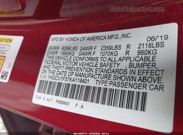 1HGCV1F57KA116401 2019 HONDA ACCORD Red Widok komory silnika