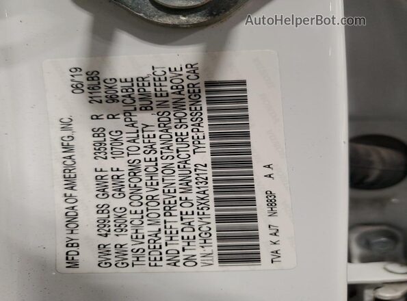 1HGCV1F5XKA132172 2019 HONDA ACCORD White 