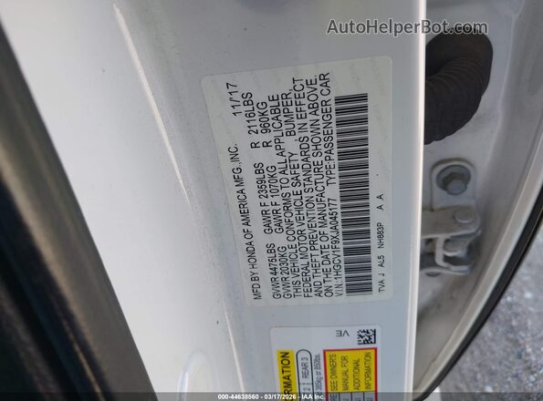1HGCV1F9XJA045177 2018 HONDA ACCORD Белый Вид подкапотного пространства