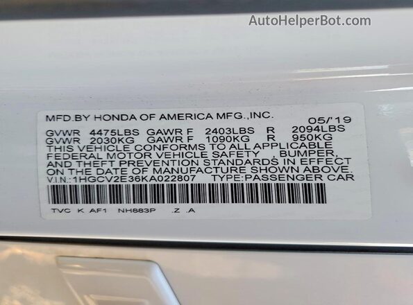 1HGCV2E36KA022807 2019 HONDA ACCORD White 
