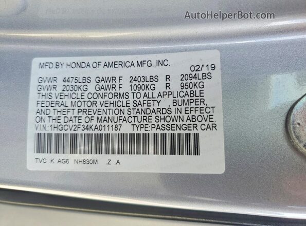 1HGCV2F34KA011187 2019 HONDA ACCORD Серебряный 