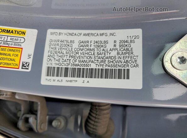 1HGCV2F35MA005501 2021 HONDA ACCORD Gray Vista de la etiqueta del VIN