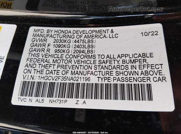 1HGCV2F35NA021196 2022 HONDA ACCORD Black ძრავის განყოფილების ხედი