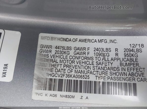 1HGCV2F36KA006525 2019 HONDA ACCORD Silver 