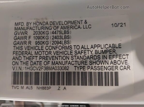 1HGCV2F38MA033082 2021 HONDA ACCORD Blue Вид підкапотного простору