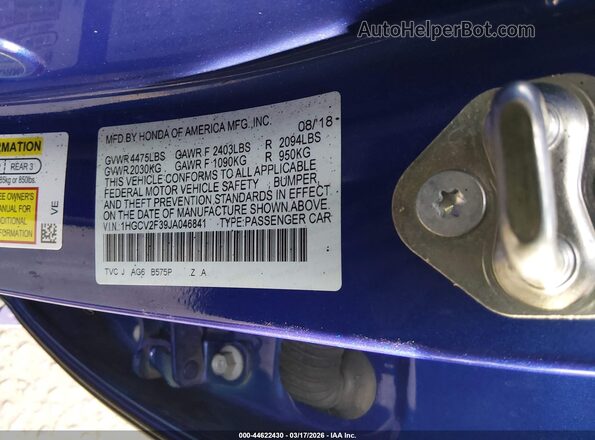 1HGCV2F39JA046841 2018 HONDA ACCORD Blue 
