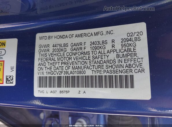 1HGCV2F39LA010800 2020 HONDA ACCORD Blue Widok komory silnika
