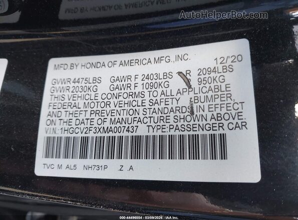 1HGCV2F3XMA007437 2021 HONDA ACCORD Черный Вид подкапотного пространства
