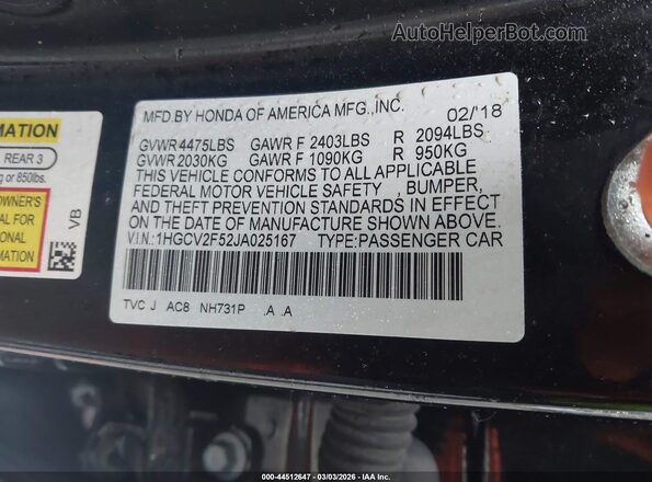 1HGCV2F52JA025167 2018 HONDA ACCORD Black Widok komory silnika