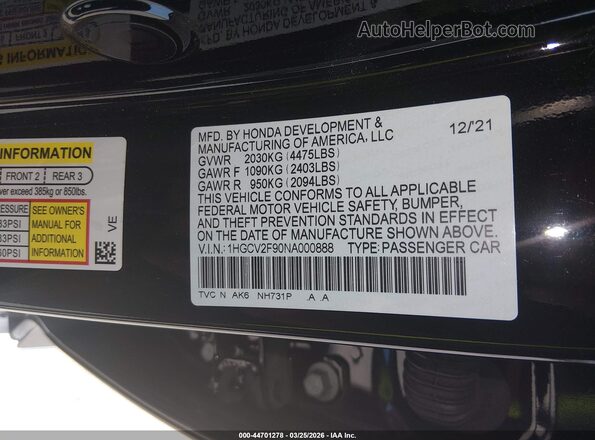 1HGCV2F90NA000888 2022 HONDA ACCORD Black Engine compartment view