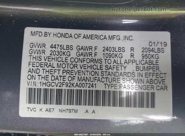 1HGCV2F92KA007241 2019 HONDA ACCORD Gray Вид підкапотного простору