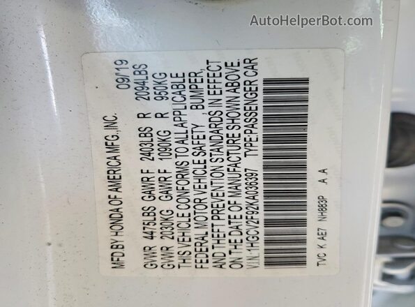1HGCV2F92KA036397 2019 HONDA ACCORD White 