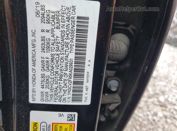 1HGCV2F95KA029931 2019 HONDA ACCORD Black 