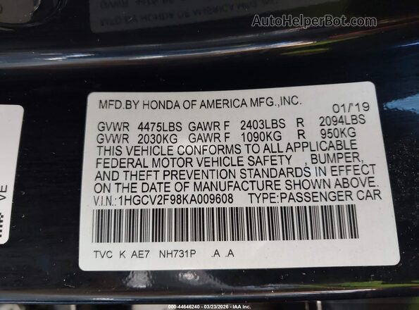 1HGCV2F98KA009608 2019 HONDA ACCORD Black Engine compartment view