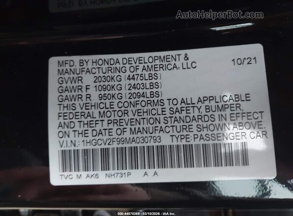 1HGCV2F99MA030793 2021 HONDA ACCORD Black Vista del compartimento del motor