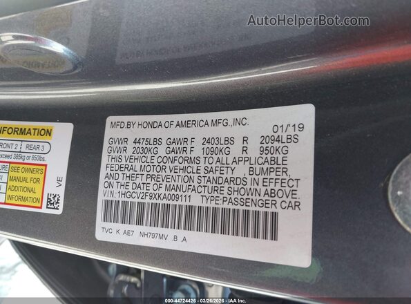 1HGCV2F9XKA009111 2019 HONDA ACCORD Gray Շարժիչի բաժամունքի տեսք