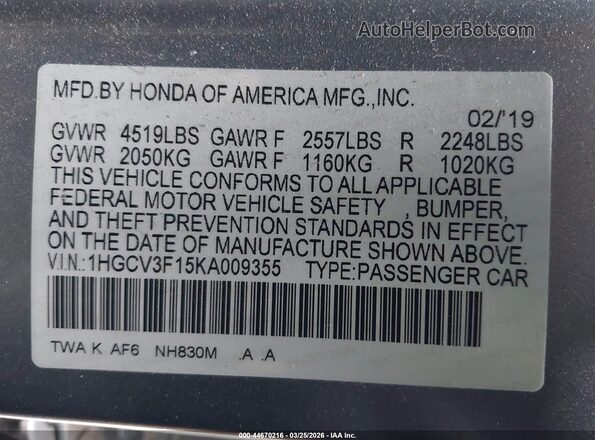 1HGCV3F15KA009355 2019 HONDA ACCORD Gray Engine compartment view