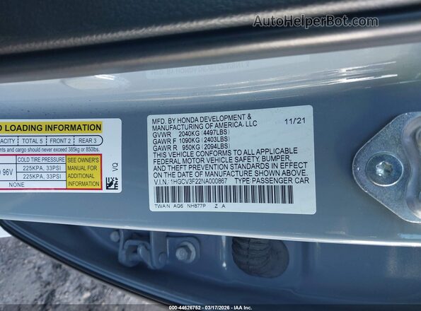 1HGCV3F22NA000867 2022 HONDA ACCORD HYBRID Gray 