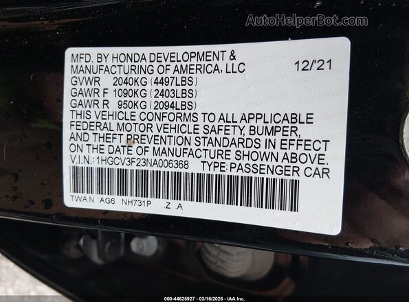 1HGCV3F23NA006368 2022 HONDA ACCORD Black Շարժիչի բաժամունքի տեսք