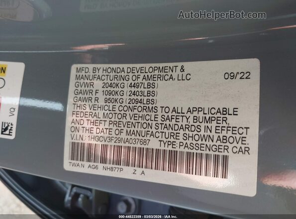 1HGCV3F29NA037687 2022 HONDA ACCORD Gray Вид підкапотного простору