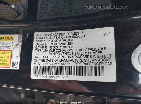 1HGCV3F2XNA043921 2022 HONDA ACCORD Черный Вид подкапотного пространства