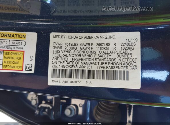 1HGCV3F43LA001931 2020 HONDA ACCORD HYBRID Blue 