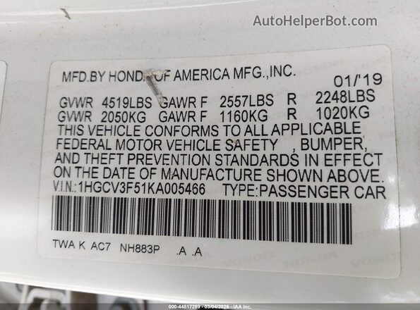 1HGCV3F51KA005466 2019 HONDA ACCORD HYBRID White 