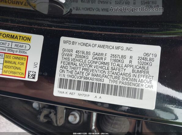 1HGCV3F98KA016063 2019 HONDA ACCORD HYBRID Black Widok komory silnika