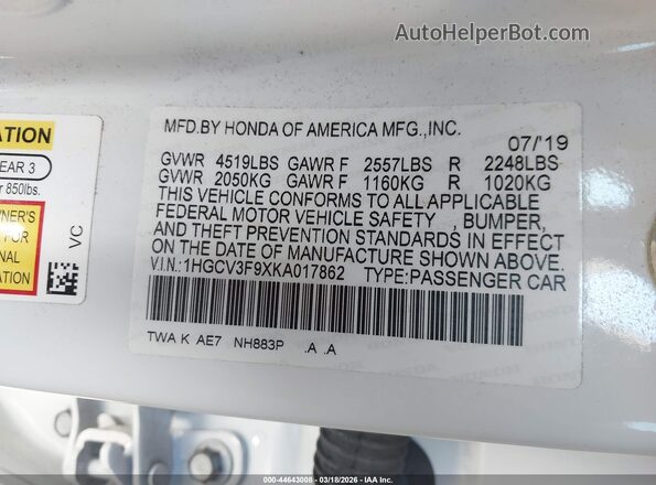 1HGCV3F9XKA017862 2019 HONDA ACCORD HYBRID White 