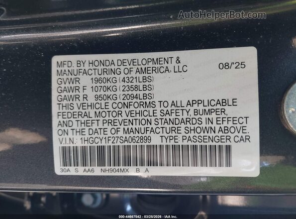 1HGCY1F27SA062899 2025 HONDA ACCORD Gray 