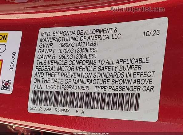 1HGCY1F29RA010636 2024 HONDA ACCORD Red Widok komory silnika