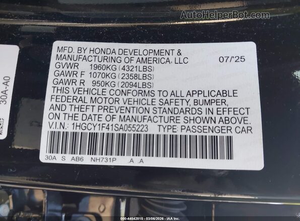 1HGCY1F41SA055223 2025 HONDA ACCORD Black ძრავის განყოფილების ხედი