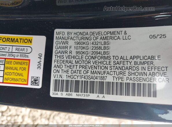 1HGCY1F43SA041887 2025 HONDA ACCORD Черный Вид подкапотного пространства