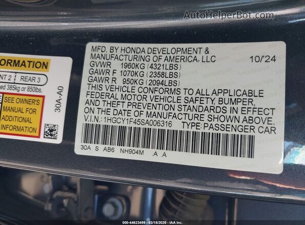 1HGCY1F45SA006316 2025 HONDA ACCORD Gray ძრავის განყოფილების ხედი