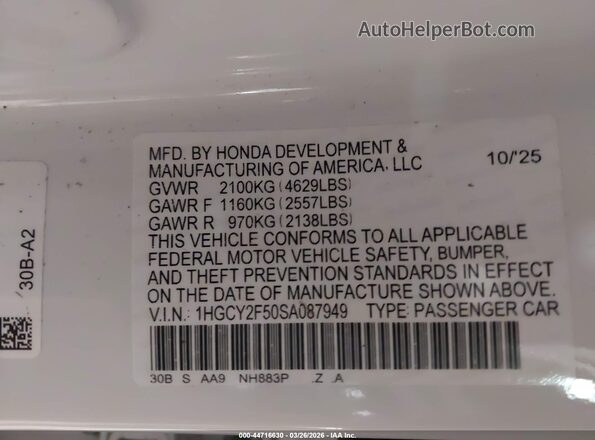 1HGCY2F50SA087949 2025 HONDA ACCORD White Engine compartment view