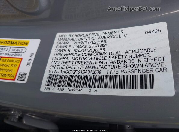 1HGCY2F51SA043636 2025 HONDA ACCORD Gray Շարժիչի բաժամունքի տեսք