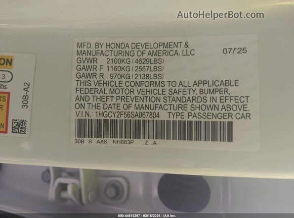 1HGCY2F56SA067804 2025 HONDA ACCORD HYBRID White Engine compartment view