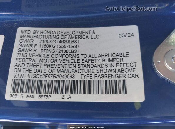 1HGCY2F57RA049063 2024 HONDA ACCORD Blue Вид підкапотного простору