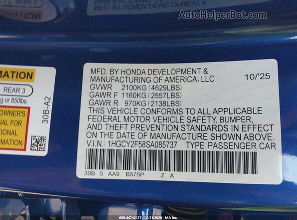 1HGCY2F58SA085737 2025 HONDA ACCORD HYBRID Blue 